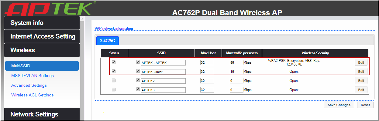 APTEK AC752P Cấu hình nhiều SSID