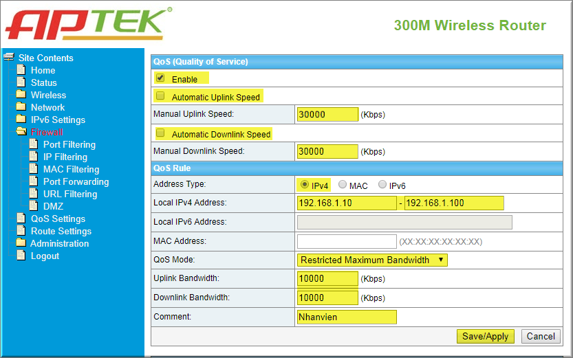 APTEK N302 QoS Giới hạn băng thông