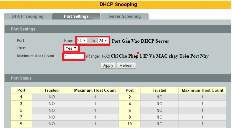 3 cau hinh port security volktek nsh 3424 v1.2